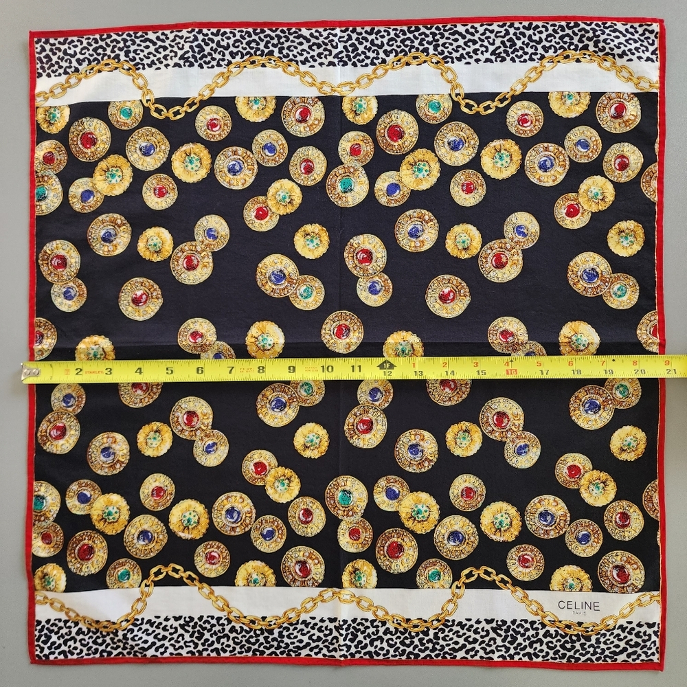 Celine Black & White Silk Bandanna with Gold, Red, Blue & Green Medallions EUC - Picture 15 of 15